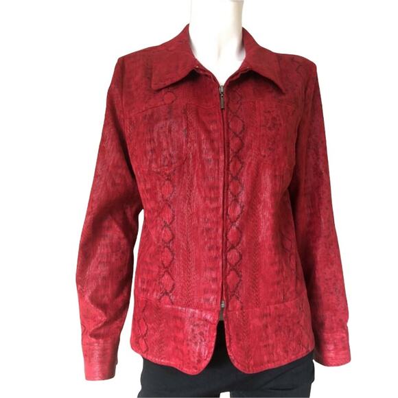 Erin London Red Metallic Faux Snakeskin Leather Zip Casual Coat Jacket L - Picture 1 of 11